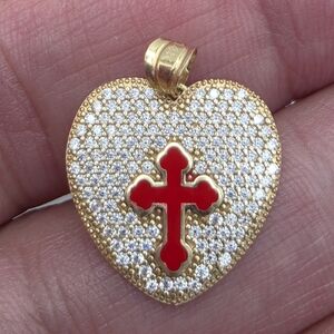 14K YELLOW GOLD CZ RED ENAMEL CROSS CHARM PENDANT RELIGIOUS HEART